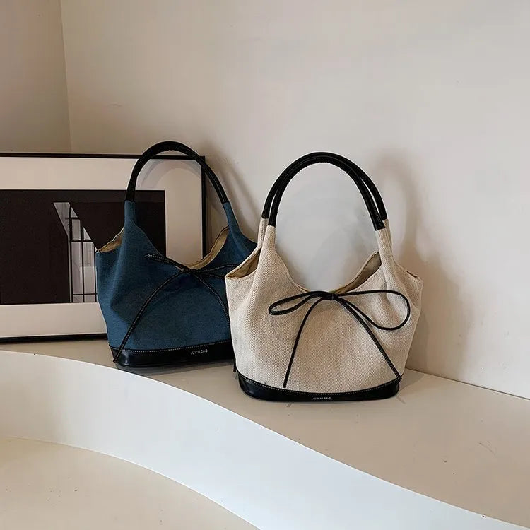 Fashion Bow Denim Canvas Spliced Large Capacity Handbags