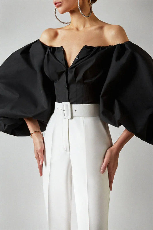 Women FASHION sexy off SHOULDER Long sleeve bubble lantern sleeve shirt TOP