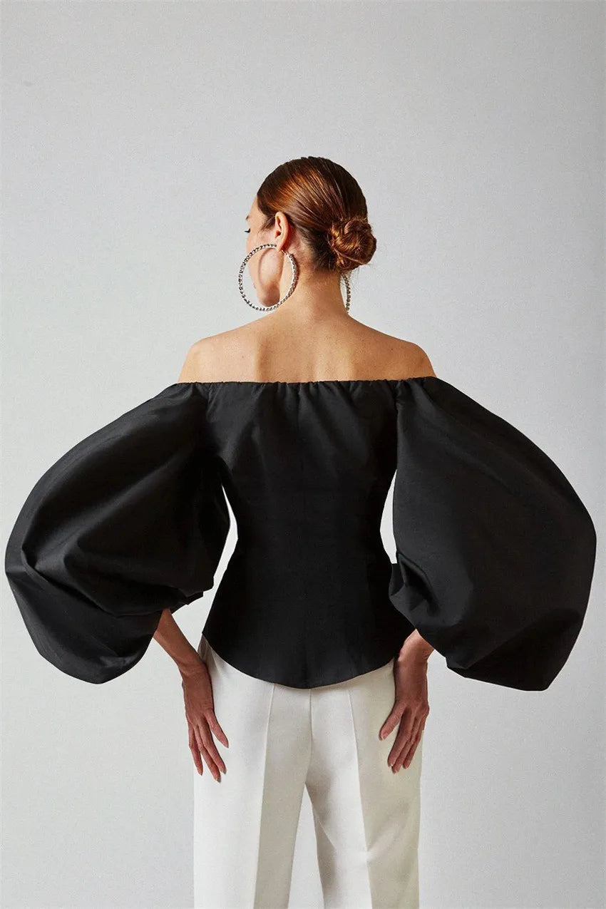 Women FASHION sexy off SHOULDER Long sleeve bubble lantern sleeve shirt TOP