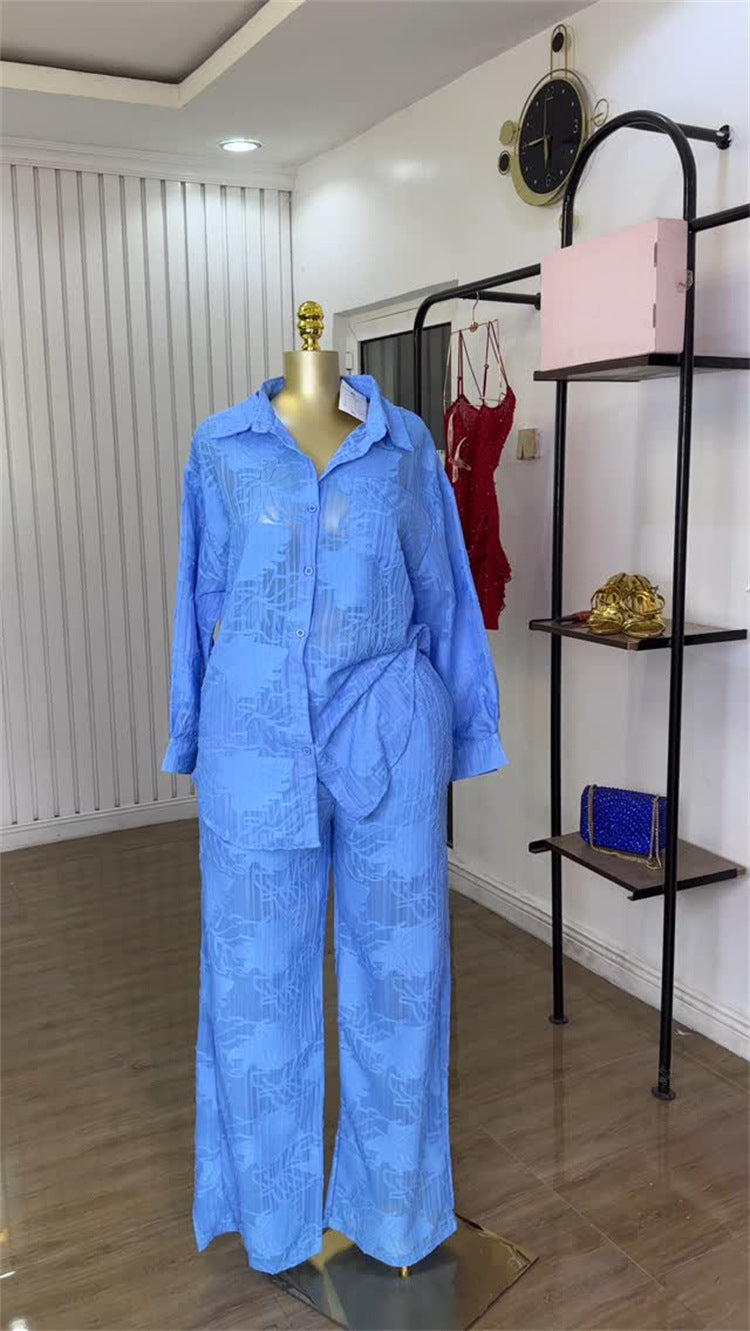 European and American women's clothing 2025 summer new sweet and fresh lapel patch pocket long-sleeved shirt high-waisted straight trousers two-piece set