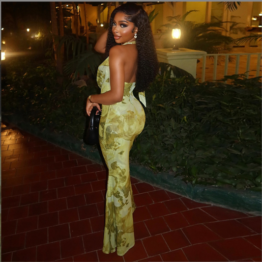 European and American style cross-border women's clothing elegant yellow-green printed fishtail skirt deep V-neck wrap-around hip hanging neck slim long dress -