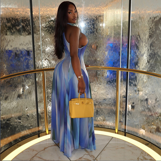 European and American style cross-border elegant and fresh women's clothing printed gradient fairy skirt stand-up collar long-sleeved light slim dress