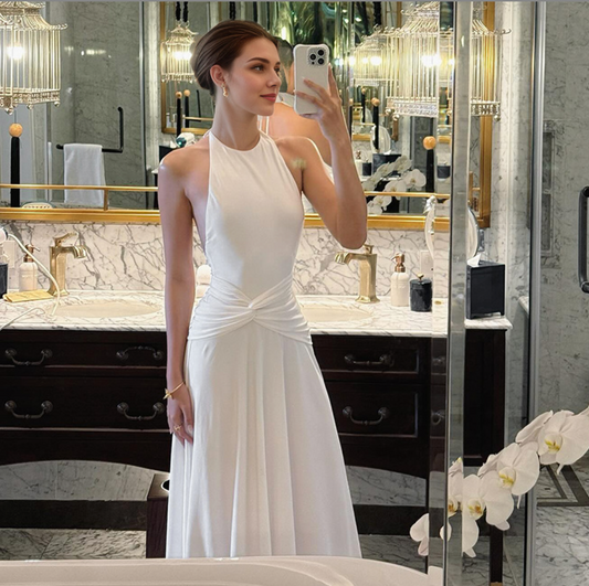 Women's Clothing Elegant Solid Color Hanging Neck Backless Pleated Waist Dress Women