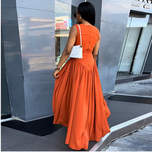 European and American cross-border women's clothing 2024 summer new temperament round-neck hollow slim medium-length sleeveless dress