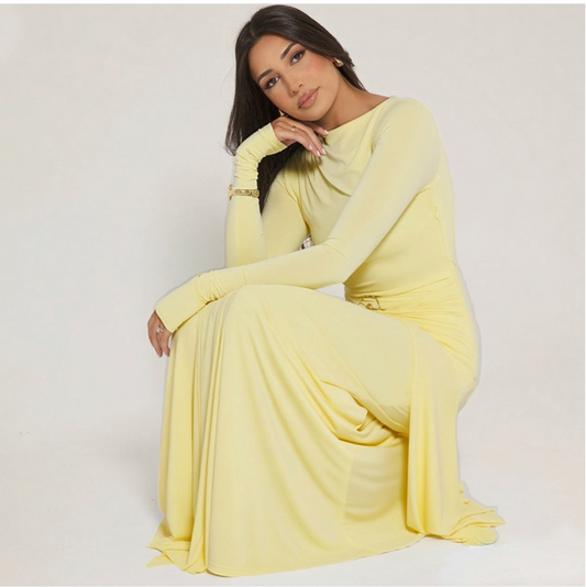 European and American 2025 new summer women's clothing temperament elegant decorative ring buckle solid color long-sleeved hip tight tie long skirt