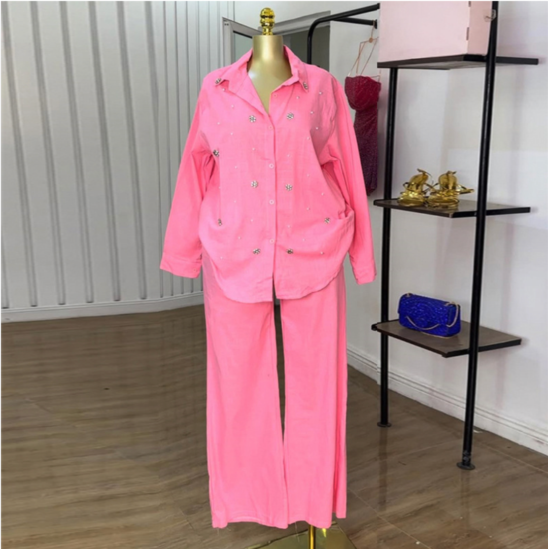 European and American women's clothing 2025 summer new sweet and fresh lapel long-sleeved studded shirt high-waisted straight trousers two-piece set