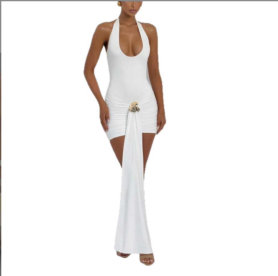 2025 summer new women's clothing slimming backless solid color hanging neck wrap hip dress