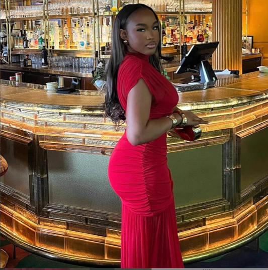 European and American women's clothing high-end temperament elegant mesh stitching red dress women's African style fashion long skirt