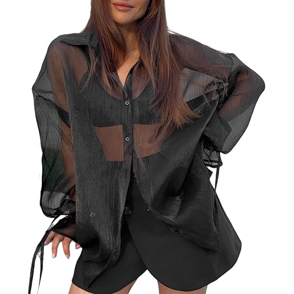 Fashion Sexy See-Through Lapel Bubble Sleeve Shirt Women Blouse