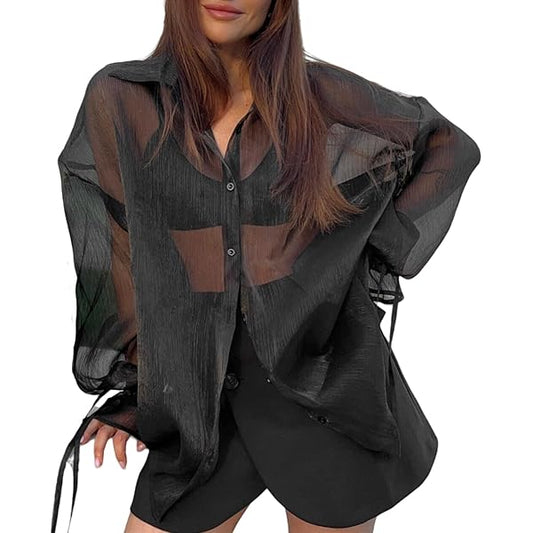 Fashion Sexy See-Through Lapel Bubble Sleeve Shirt Women Blouse