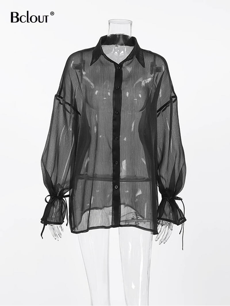 Fashion Sexy See-Through Lapel Bubble Sleeve Shirt Women Blouse