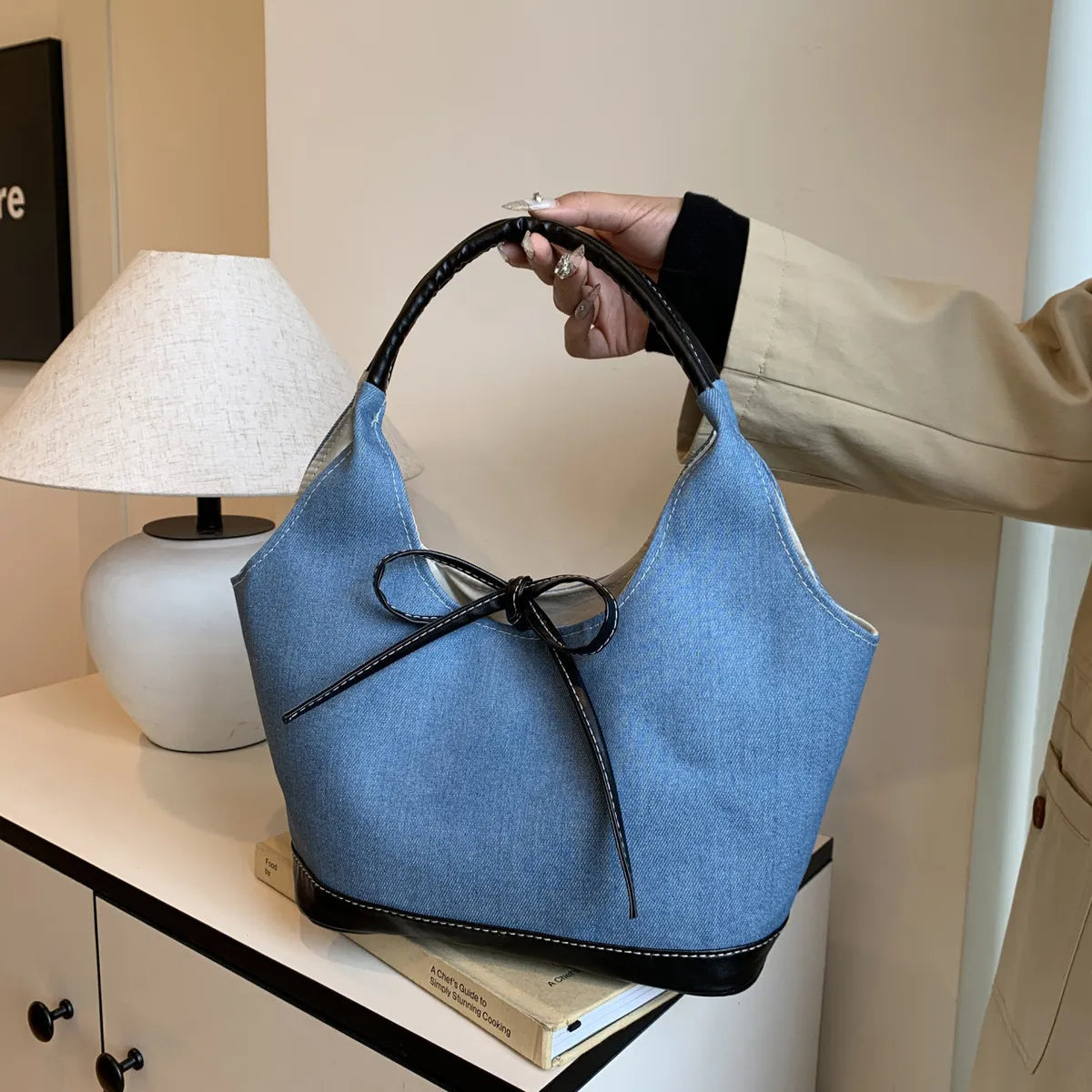 Fashion Bow Denim Canvas Spliced Large Capacity Handbags