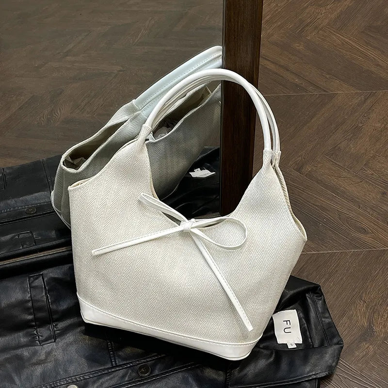 Fashion Bow Denim Canvas Spliced Large Capacity Handbags