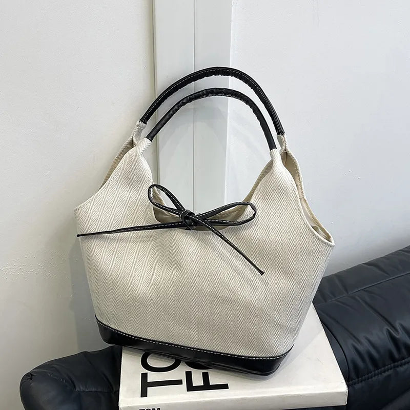 Fashion Bow Denim Canvas Spliced Large Capacity Handbags