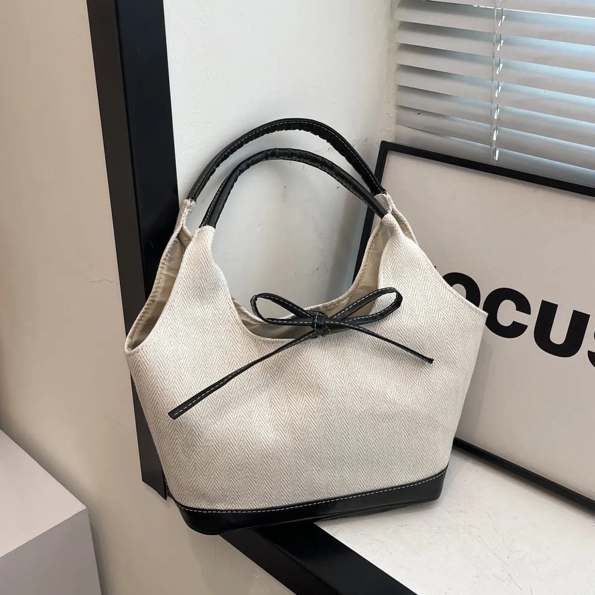 Fashion Bow Denim Canvas Spliced Large Capacity Handbags