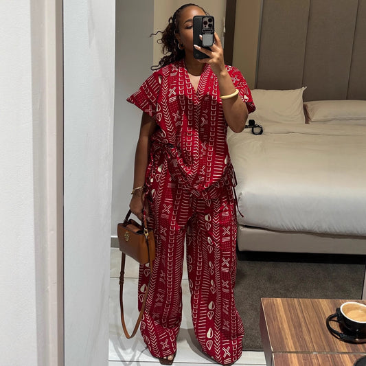 AFRICAN women's fashion printed short-sleeved drawstring waist slimming shirt wide-leg trousers African temperament western style suit