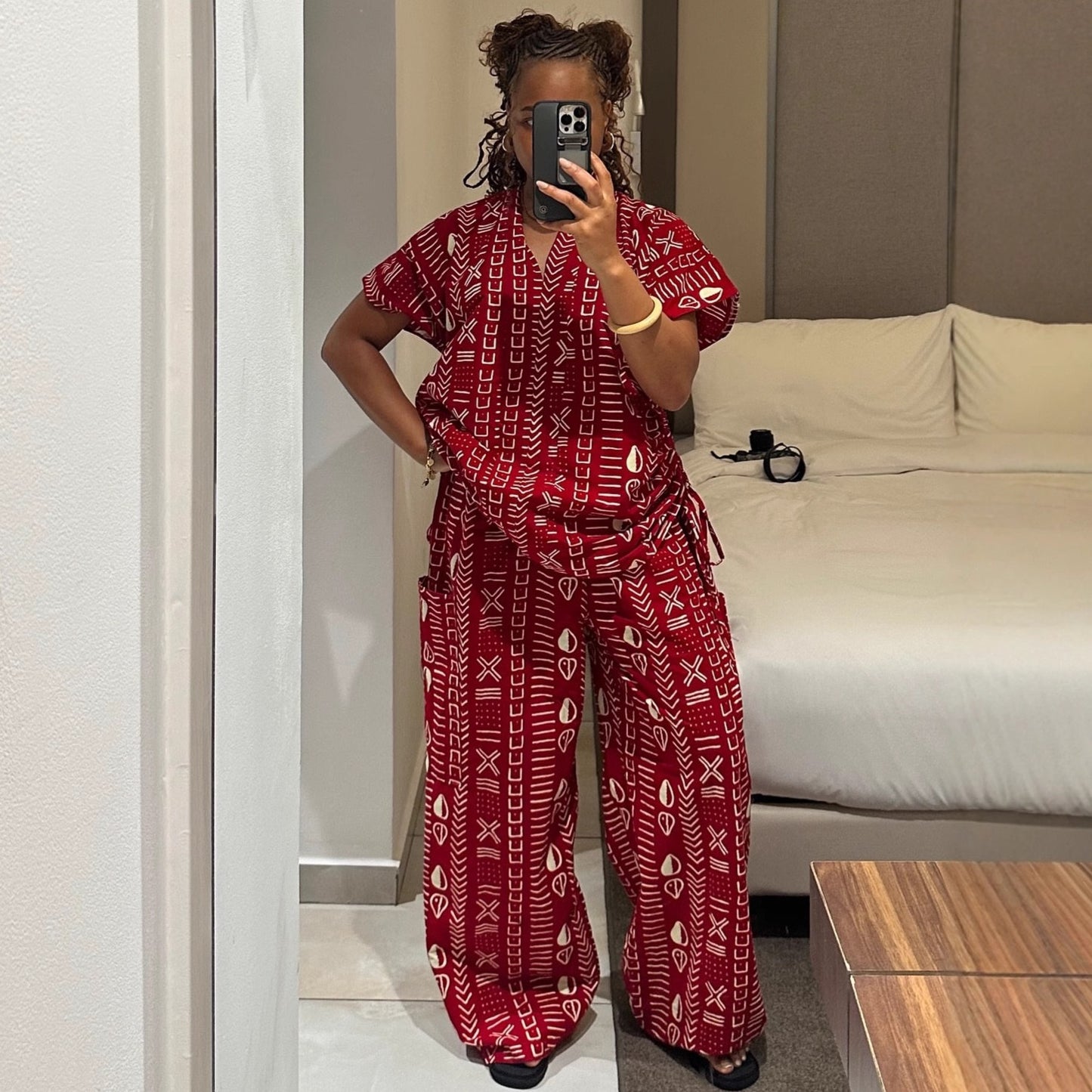 AFRICAN women's fashion printed short-sleeved drawstring waist slimming shirt wide-leg trousers African temperament western style suit