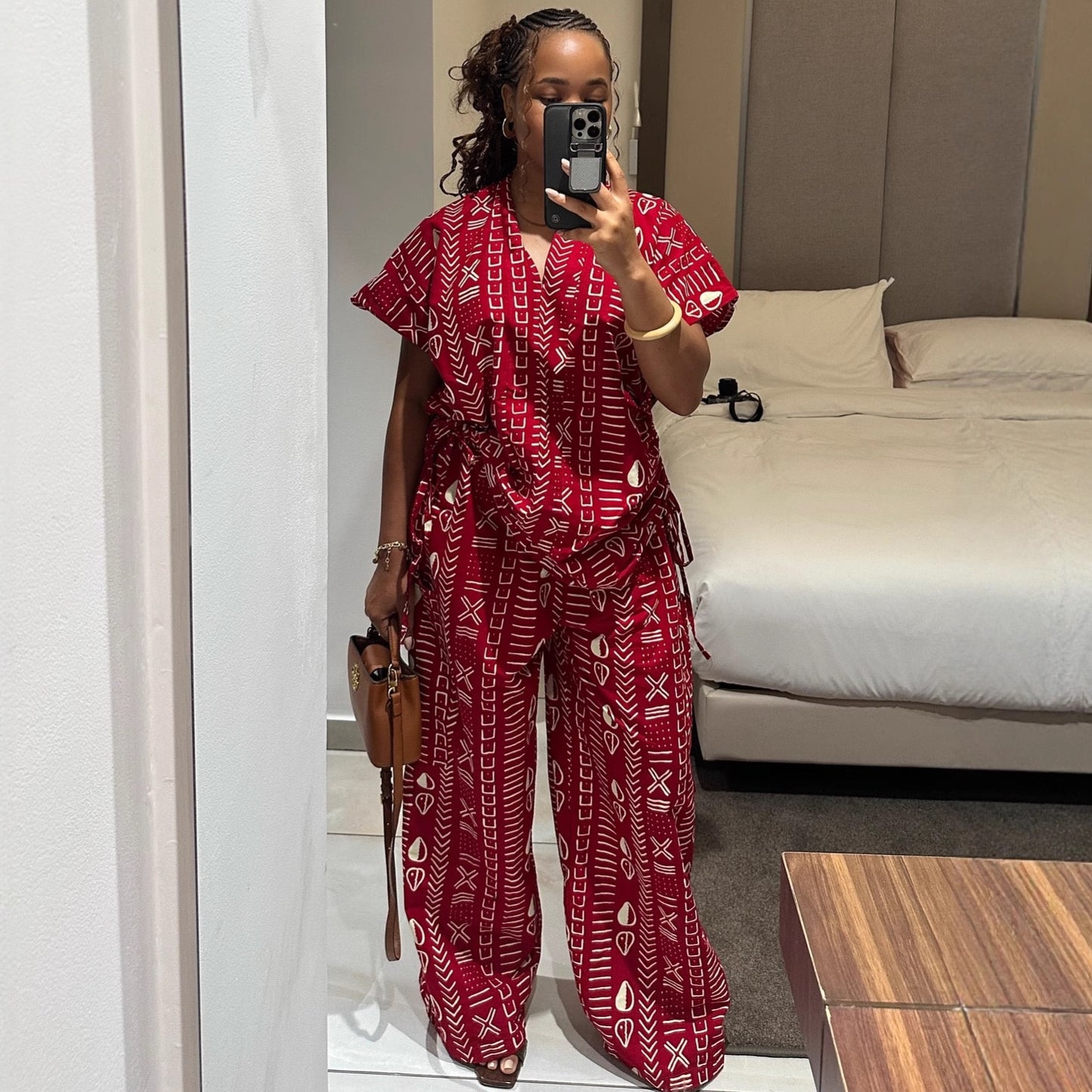 AFRICAN women's fashion printed short-sleeved drawstring waist slimming shirt wide-leg trousers African temperament western style suit