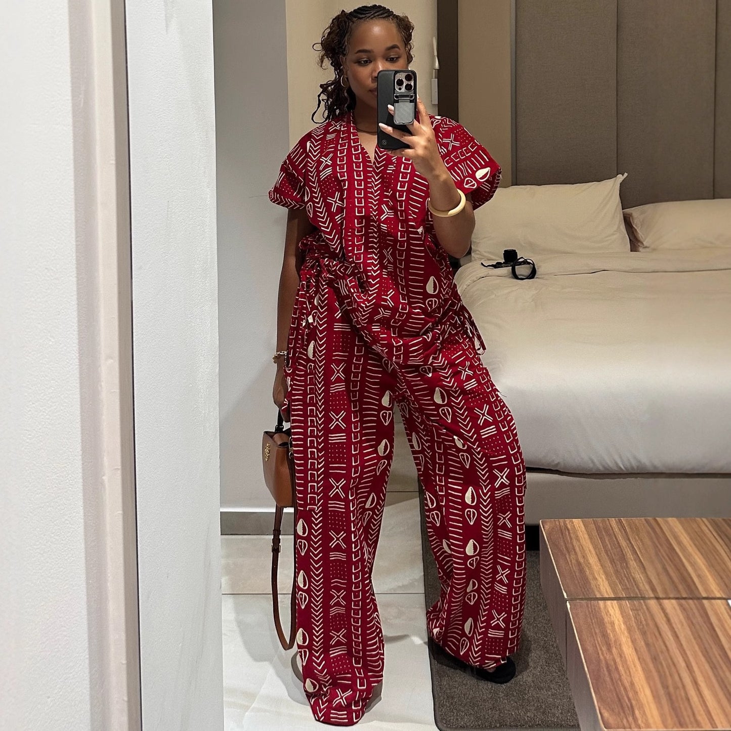 AFRICAN women's fashion printed short-sleeved drawstring waist slimming shirt wide-leg trousers African temperament western style suit