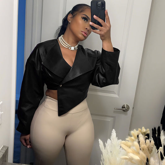 TOPCross-border European and American style 2025 summer new women's clothing personality fashion waist exposed navel PU leather solid color casual jacket women