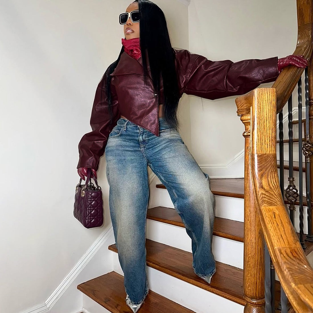 TOPCross-border European and American style 2025 summer new women's clothing personality fashion waist exposed navel PU leather solid color casual jacket women