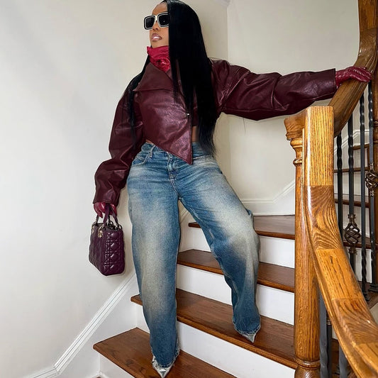 TOPCross-border European and American style 2025 summer new women's clothing personality fashion waist exposed navel PU leather solid color casual jacket women