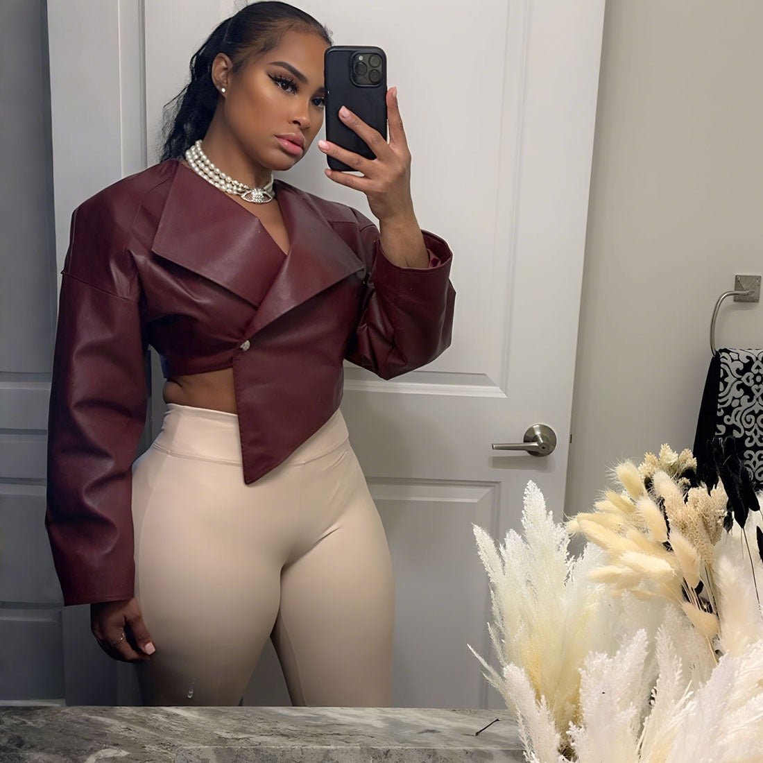 TOPCross-border European and American style 2025 summer new women's clothing personality fashion waist exposed navel PU leather solid color casual jacket women