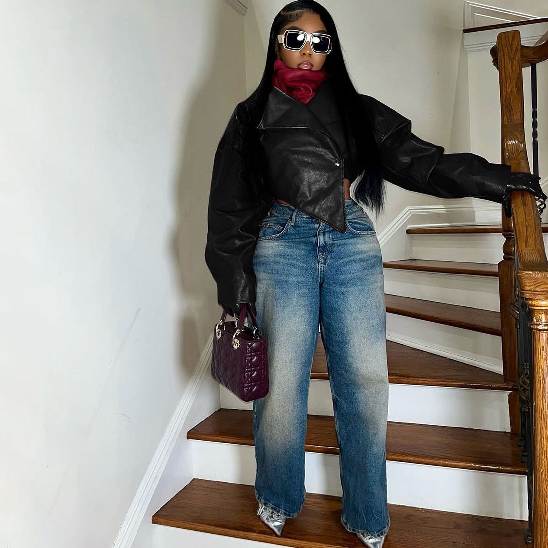 TOPCross-border European and American style 2025 summer new women's clothing personality fashion waist exposed navel PU leather solid color casual jacket women