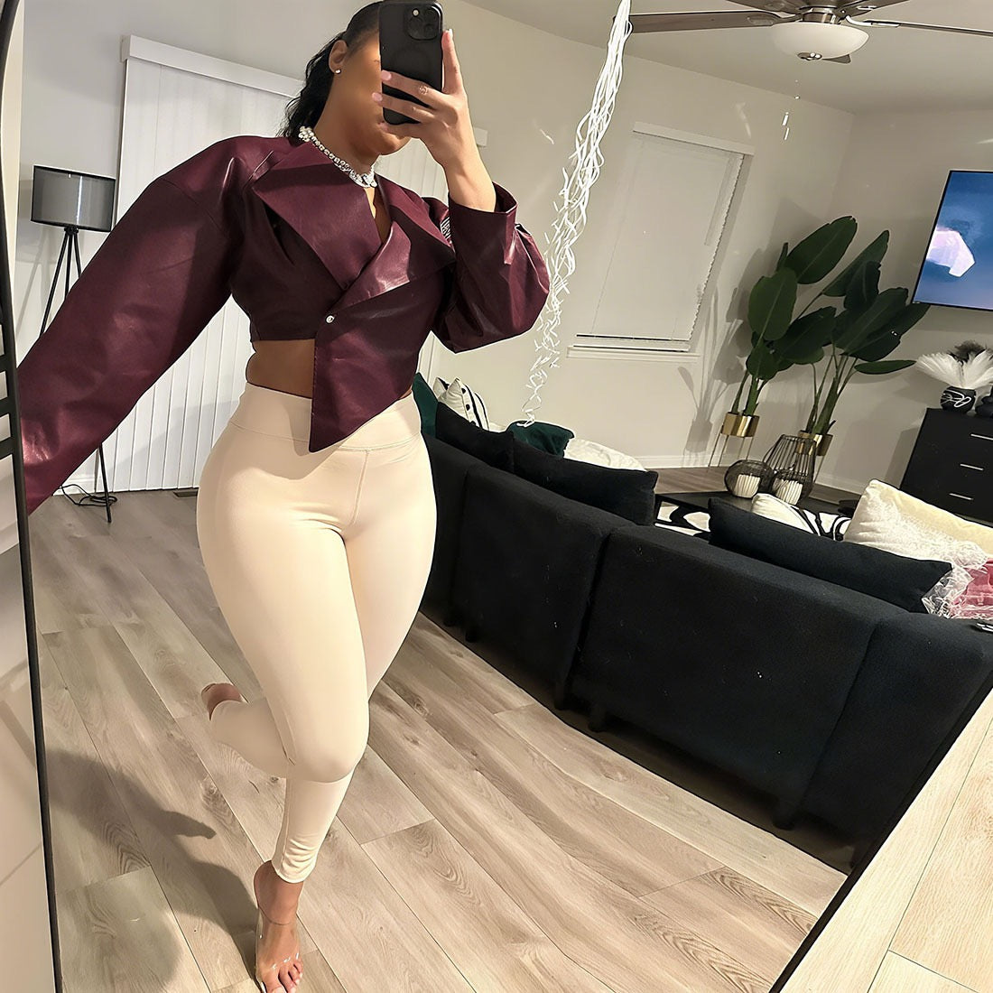 TOPCross-border European and American style 2025 summer new women's clothing personality fashion waist exposed navel PU leather solid color casual jacket women