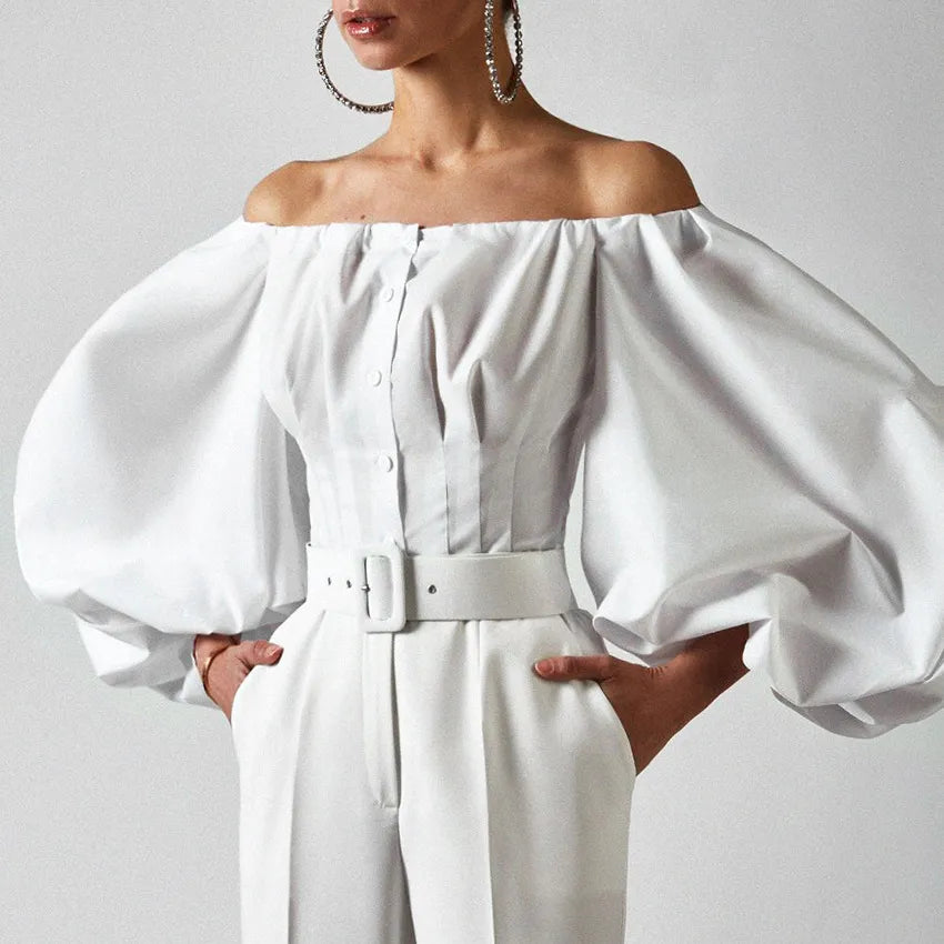 Women FASHION sexy off SHOULDER Long sleeve bubble lantern sleeve shirt TOP