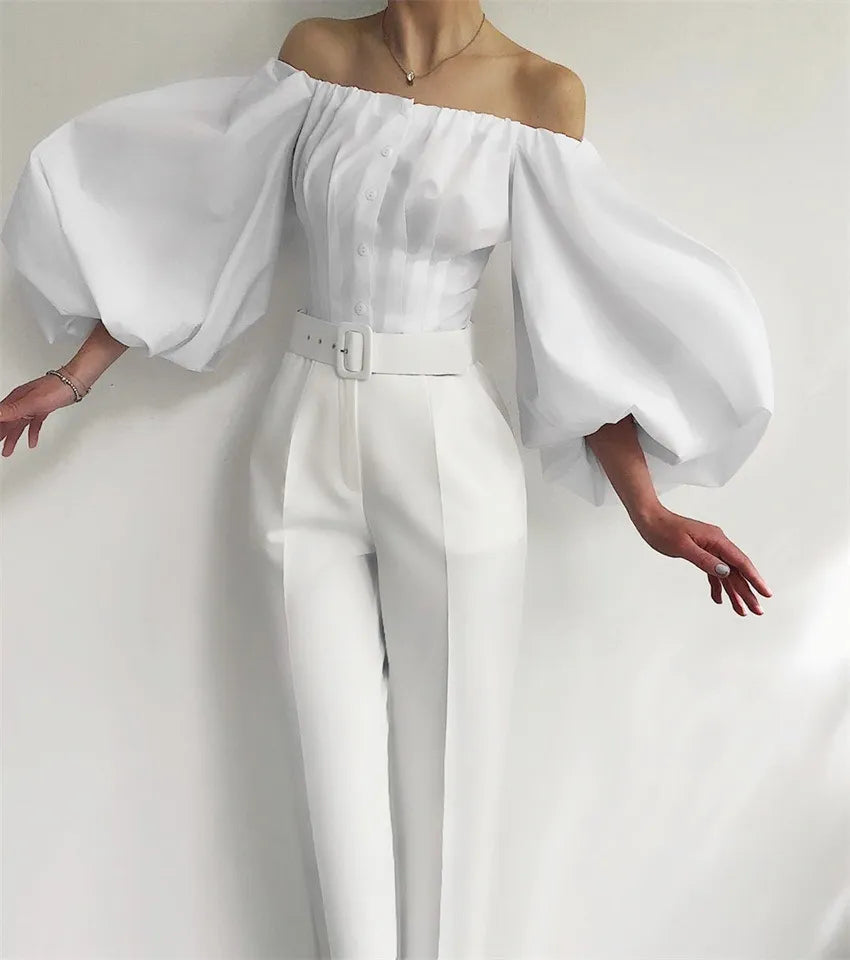 Women FASHION sexy off SHOULDER Long sleeve bubble lantern sleeve shirt TOP