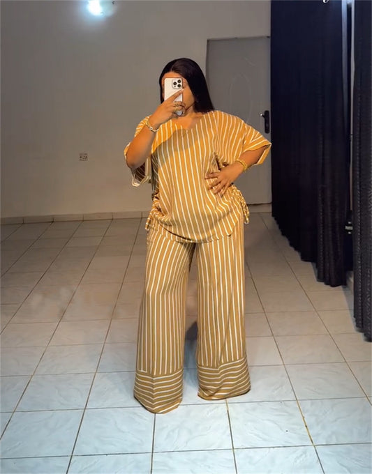 European and American cross-border women's clothing 2025 summer new casual loose V-neck striped short-sleeved top wide-leg trousers set