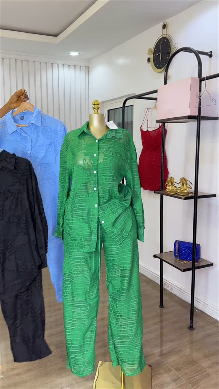 European and American women's clothing 2025 summer new sweet and fresh lapel patch pocket long-sleeved shirt high-waisted straight trousers two-piece set