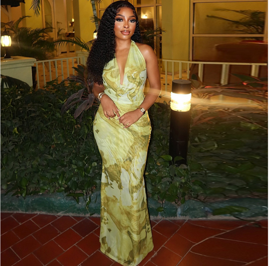 European and American style cross-border women's clothing elegant yellow-green printed fishtail skirt deep V-neck wrap-around hip hanging neck slim long dress -
