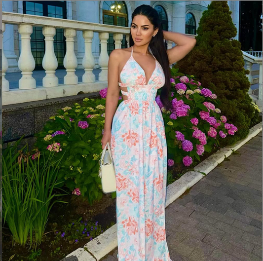 women's clothing pleated printed slim split backpack hip skirt V-neck hanging neck wrap chest dress