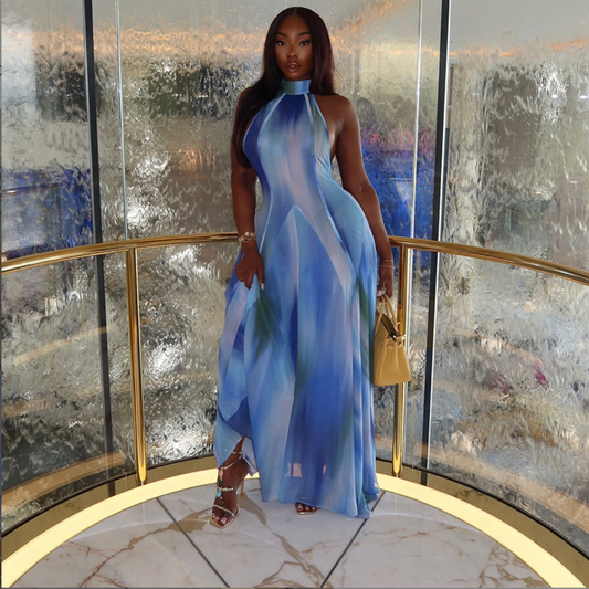 European and American style cross-border elegant and fresh women's clothing printed gradient fairy skirt stand-up collar long-sleeved light slim dress