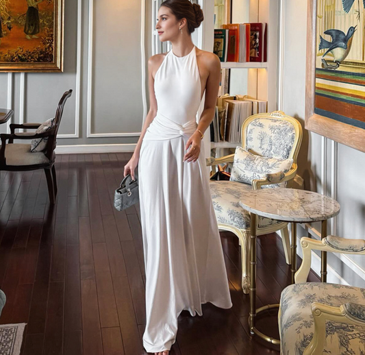 Women's Clothing Elegant Solid Color Hanging Neck Backless Pleated Waist Dress Women