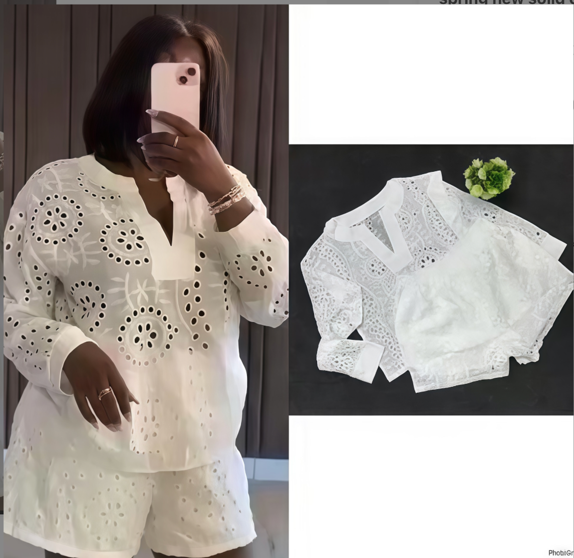 European and American cross-border women's clothing 2025 spring new solid color long-sleeved V-neck top waisted shorts casual two-piece set