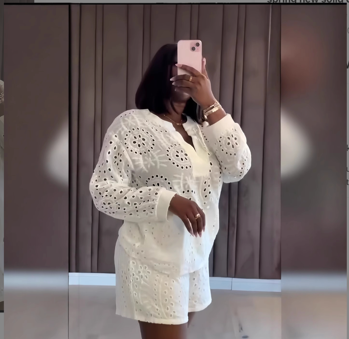 European and American cross-border women's clothing 2025 spring new solid color long-sleeved V-neck top waisted shorts casual two-piece set