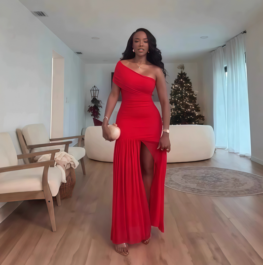 Cross-border women's clothing 2025 spring new solid color sleeveless oblique collar pleated slim split long dress