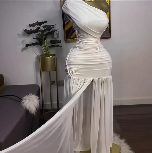 Cross-border women's clothing 2025 spring new solid color sleeveless oblique collar pleated slim split long dress