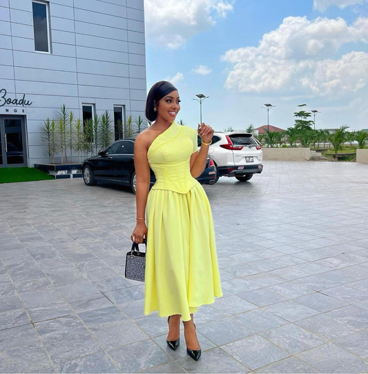 Spot European and American women's cross-border 2024 summer new slanted collar short-sleeved waist seal fishbone waist medium and long dress