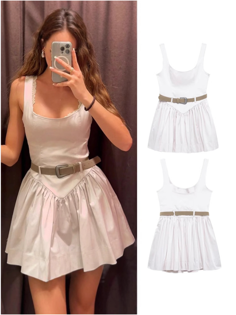 Cross-border foreign trade wholesale European and American style women's clothing new belted slim sleeveless suspender short dress