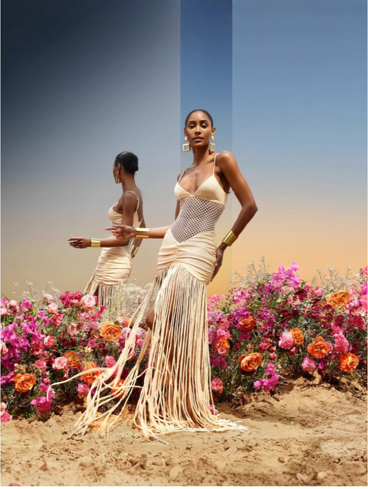 2025 Spring and Summer Cross-border European and American Fashion Suspender Mesh Open Waist Sexy Pleated Hip Tassel Dress