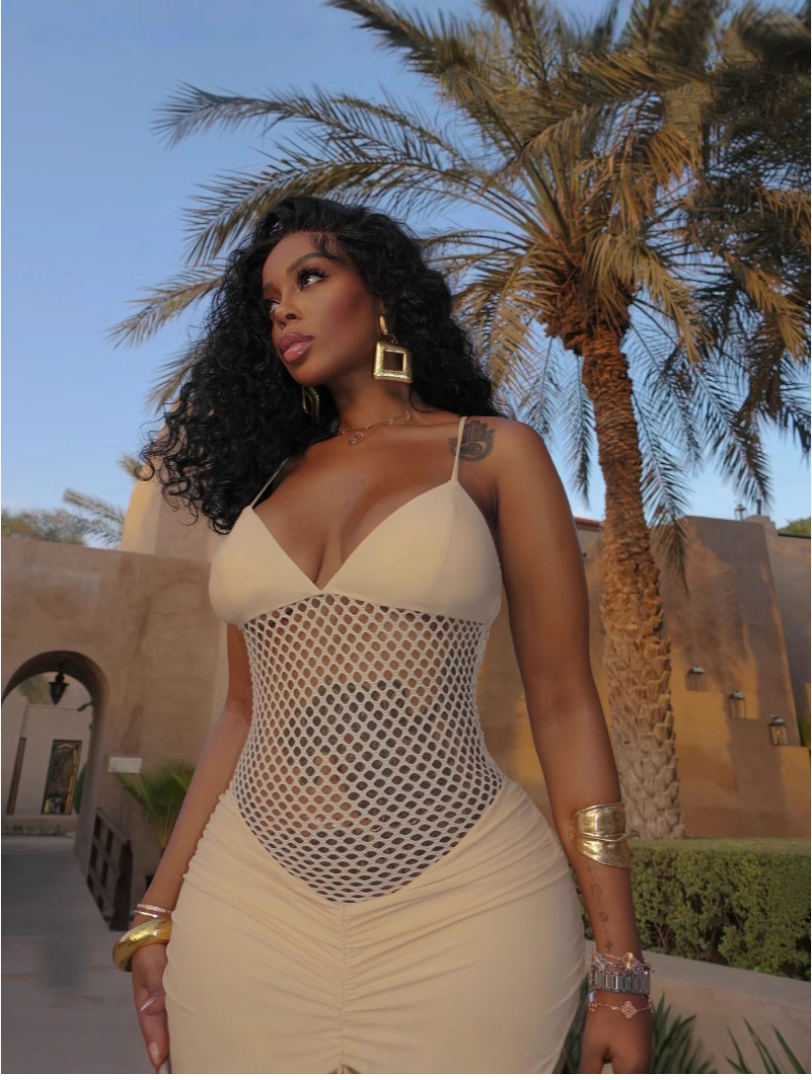 2025 Spring and Summer Cross-border European and American Fashion Suspender Mesh Open Waist Sexy Pleated Hip Tassel Dress