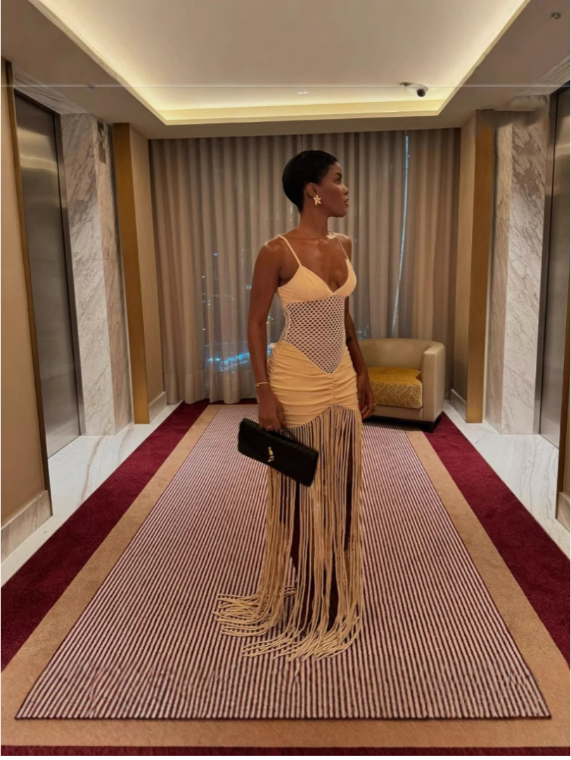 2025 Spring and Summer Cross-border European and American Fashion Suspender Mesh Open Waist Sexy Pleated Hip Tassel Dress