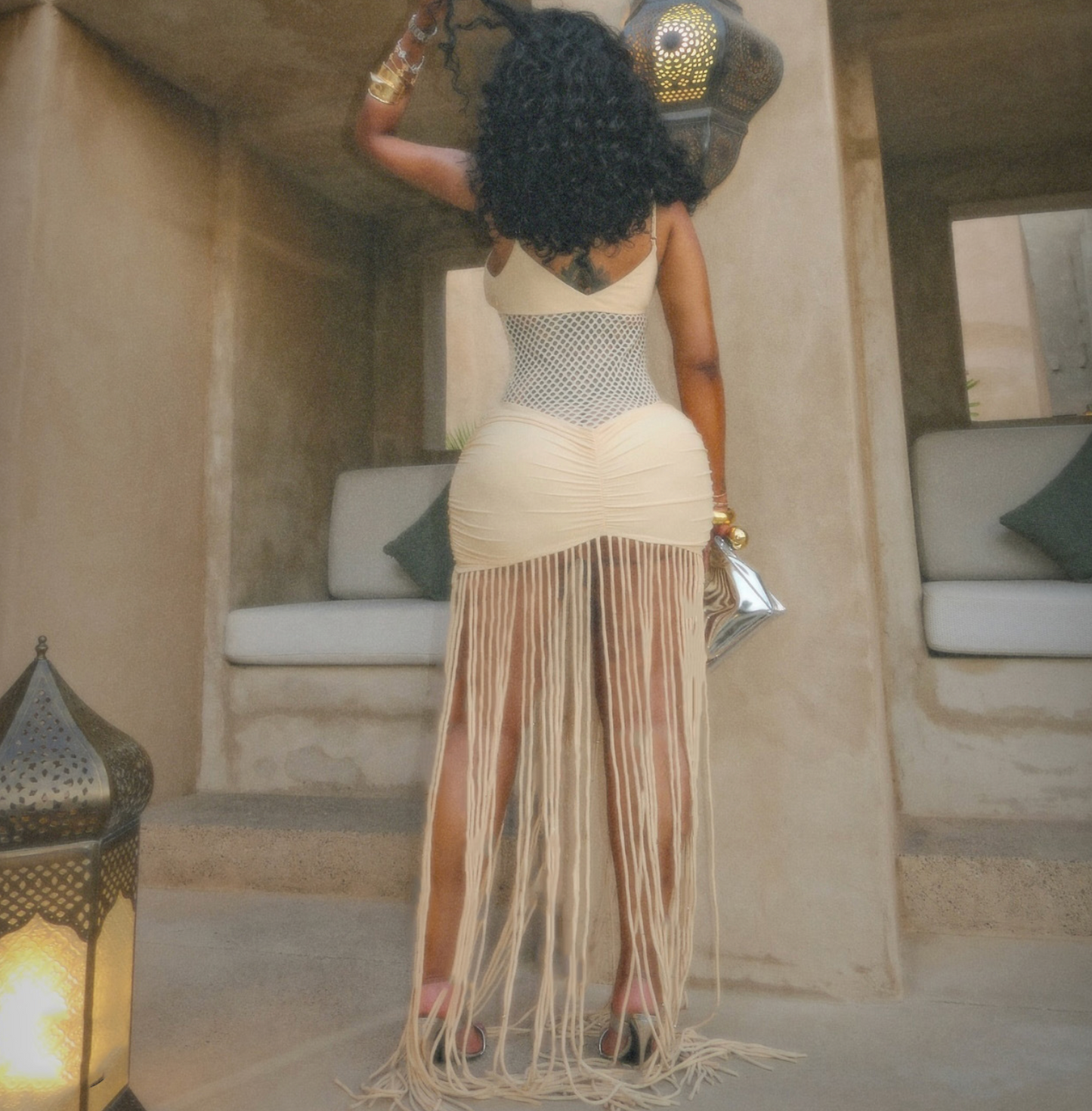 2025 Spring and Summer Cross-border European and American Fashion Suspender Mesh Open Waist Sexy Pleated Hip Tassel Dress