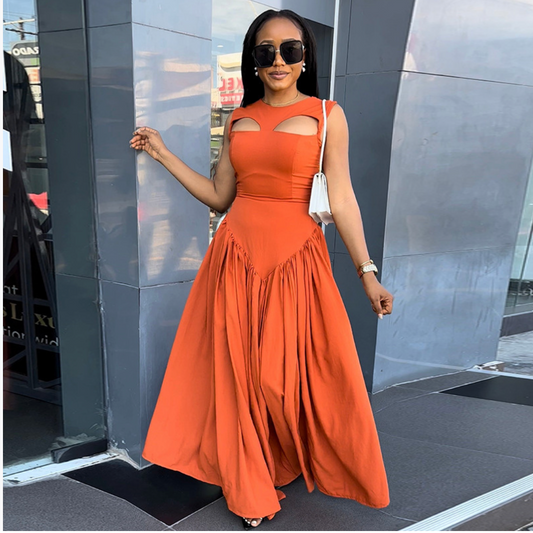 European and American cross-border women's clothing 2024 summer new temperament round-neck hollow slim medium-length sleeveless dress