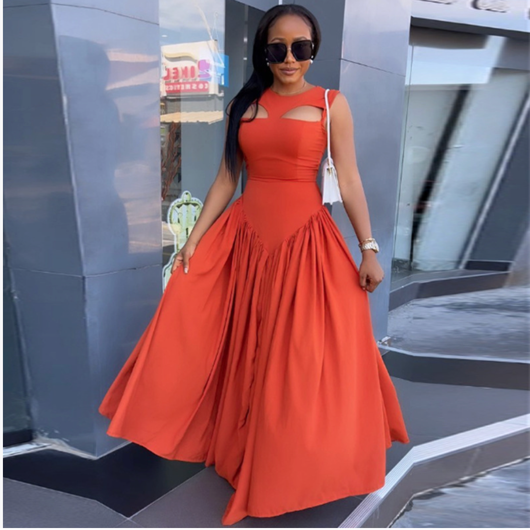 European and American cross-border women's clothing 2024 summer new temperament round-neck hollow slim medium-length sleeveless dress