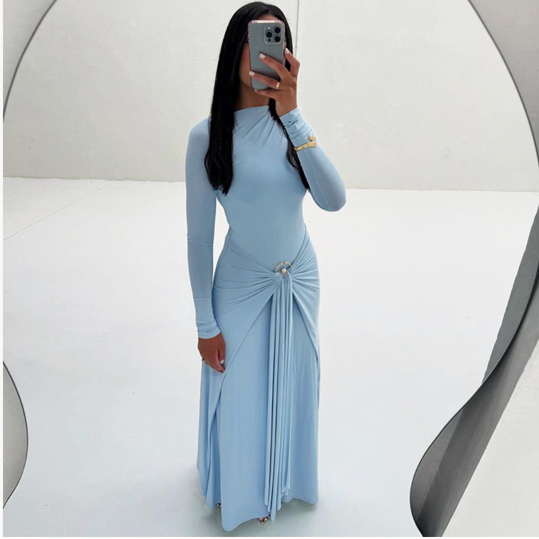 European and American 2025 new summer women's clothing temperament elegant decorative ring buckle solid color long-sleeved hip tight tie long skirt